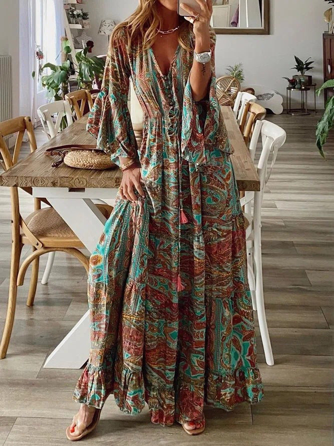 Bohemian Flare Sleeve Printed High Waist Holiday Dress