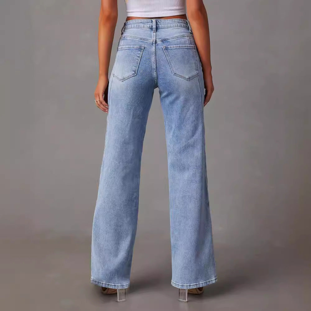 Women's Wide Leg Loose Stitching Trousers Street Jeans