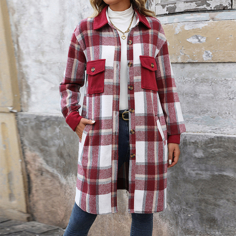Women's Fashion Brushed Long Plaid Shirt Coats