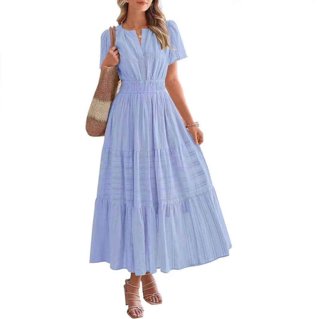 Women's Fashion Pleated Puff Sleeve Swing Dress Dresses