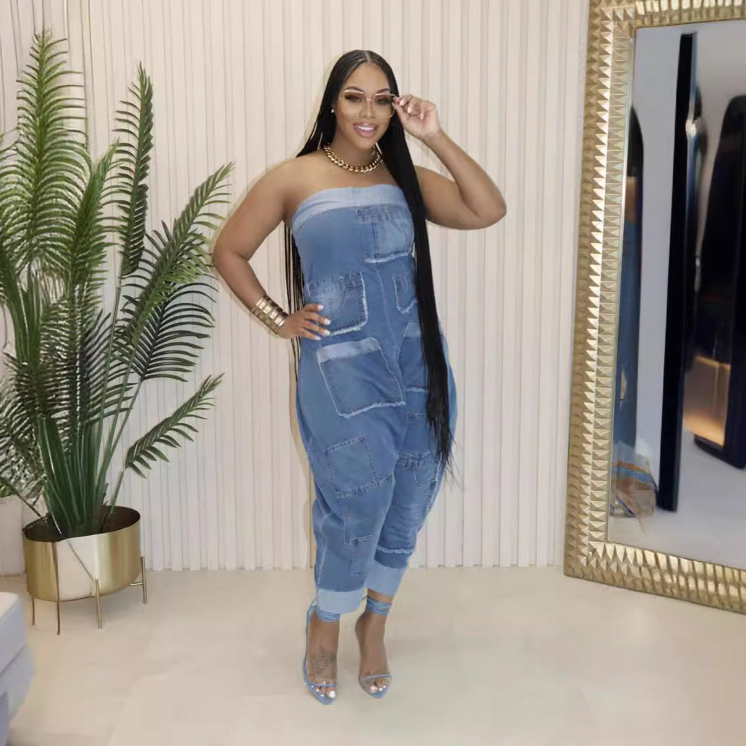 Denim Cargo Stitching Washed Loose Sleeveless Jeans