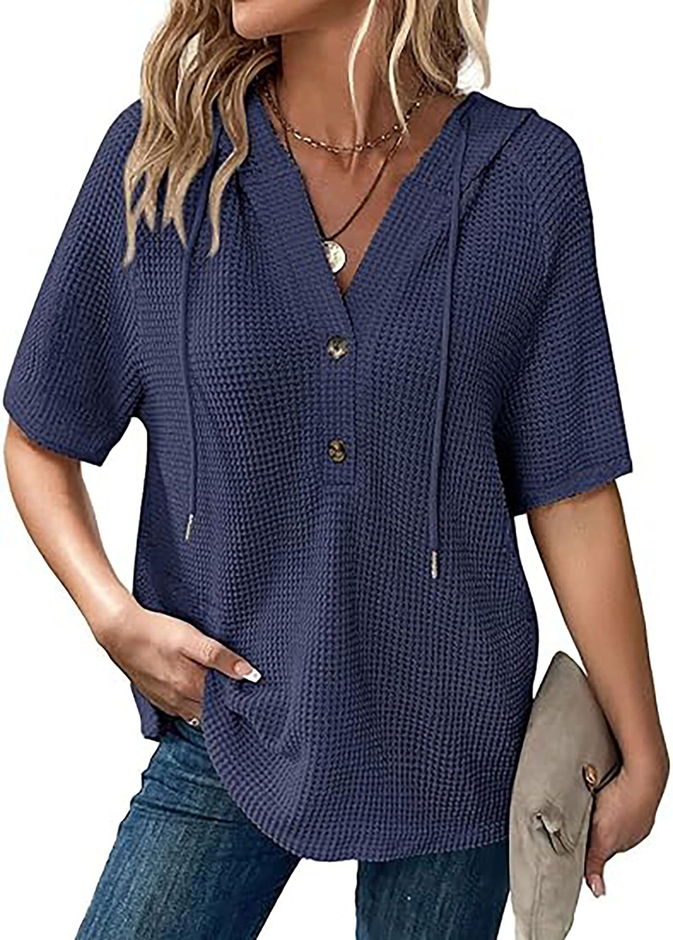 Women's Summer Waffle Knitted Short-sleeved Shirt Lightweight Drawstring Blouses