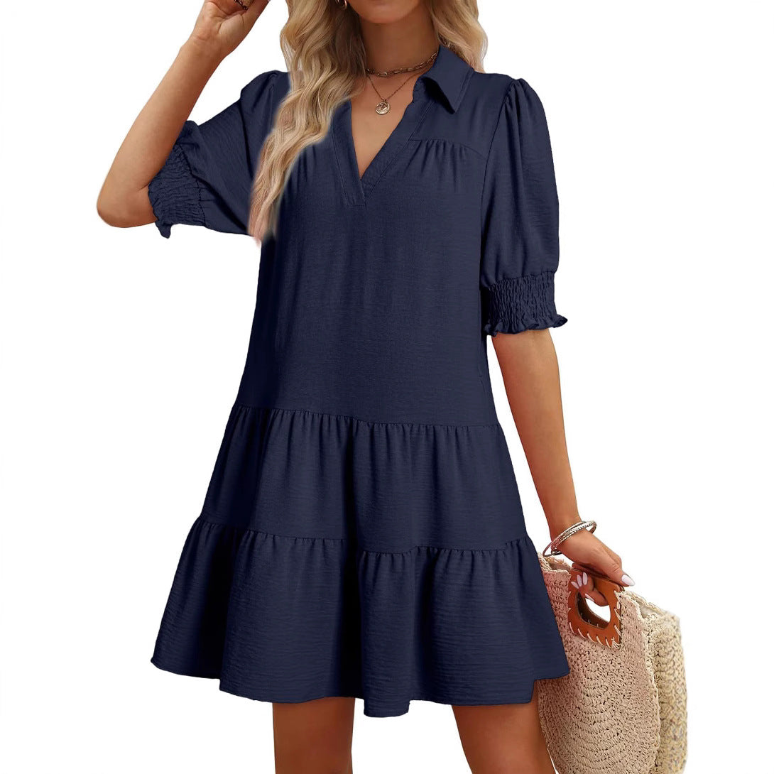 Women's Pleated Solid Color Splicing Package Sleeve Dresses