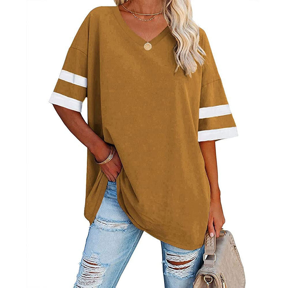 Women's Loose Half Sleeve Contrast Color T-shirt Tops