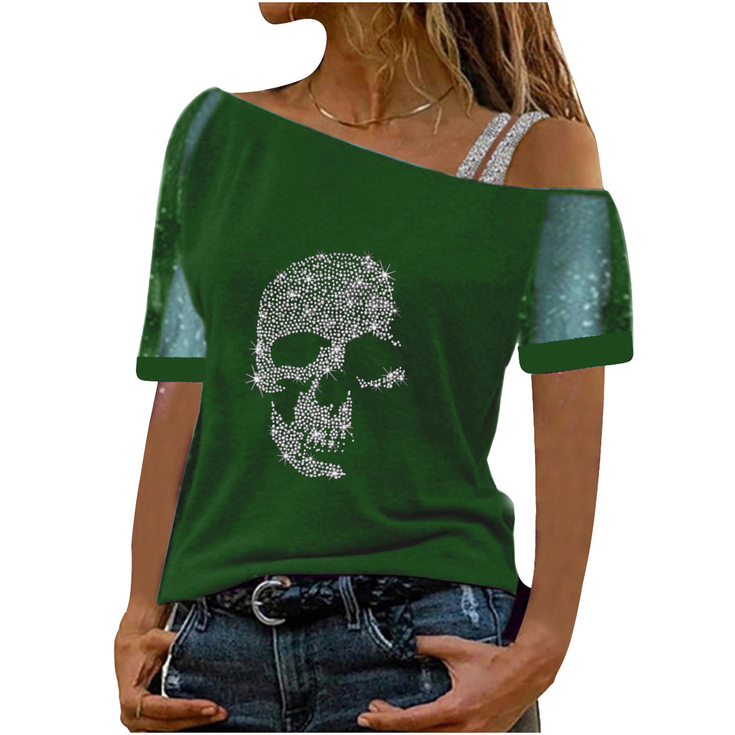 Rhinestone Diagonal Collar Gauzy Short-sleeved T-shirt Blouses