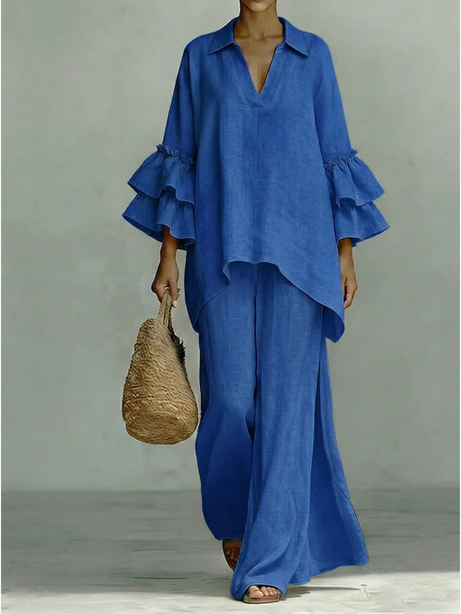 Women's Solid Color Shirt Collar Loose Trousers Fashion Casual Suit