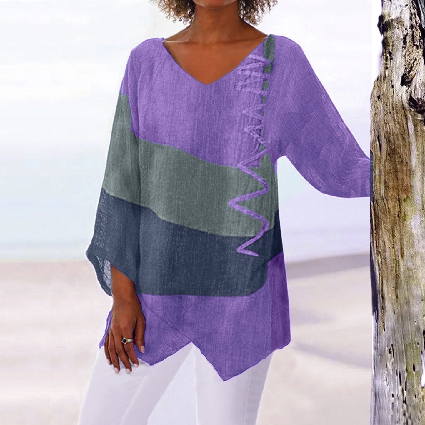 Women's Autumn Casual Loose Irregular Hem Art Print Long Blouses