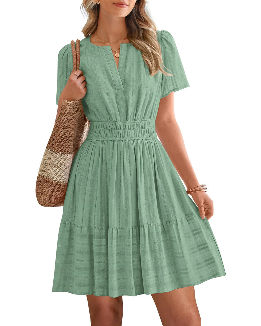 Women's Collar Pleating Puff Sleeve Large Swing Dress