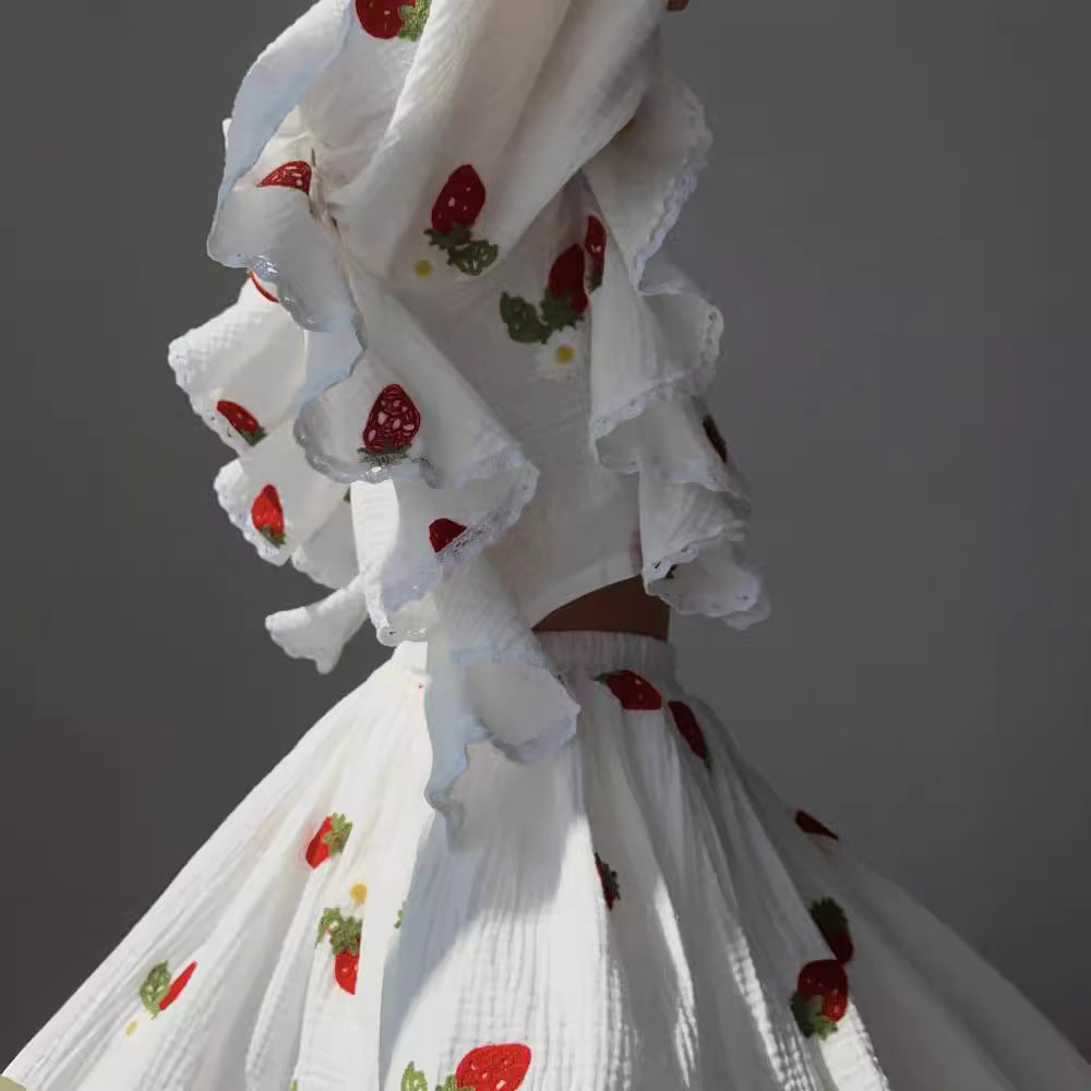 Fashion Cotton Linen Style Ruffled Strawberry Suits