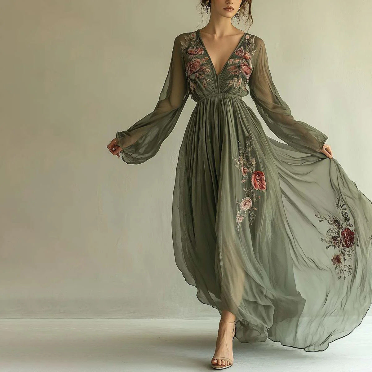 Women's Digital Positioning Printed Long-sleeved Dress Long Dresses