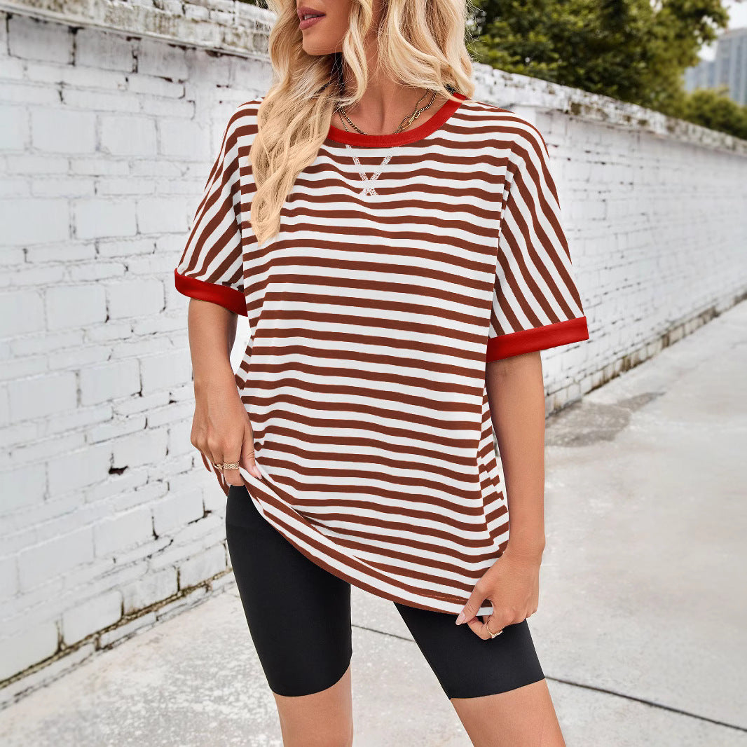 Women's Summer Casual Striped Crew Neck Trendy Blouses