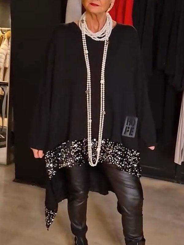 Irregular Hem Sequin Stitching Round Neck Blouses