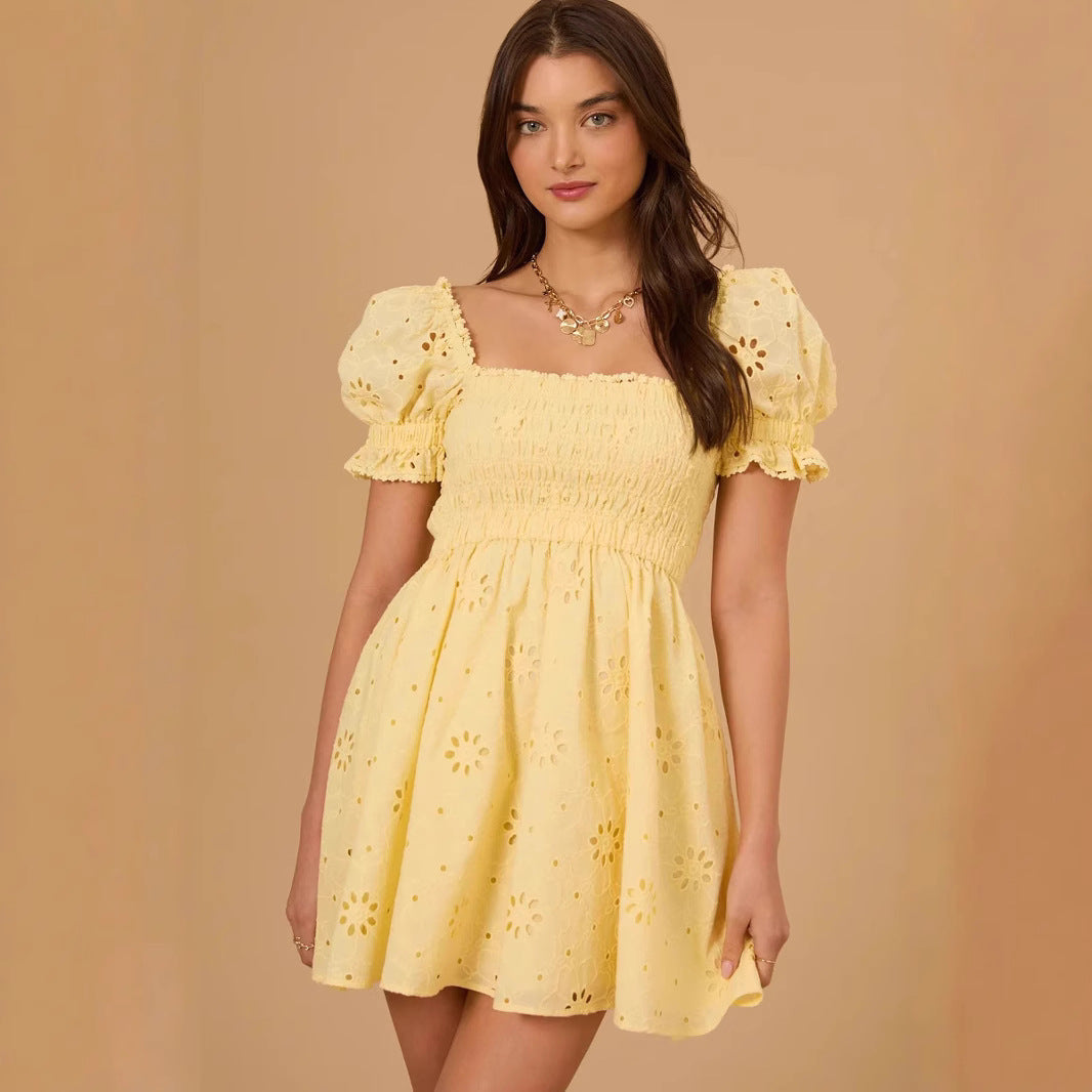 French Sweet Embroidery Square Collar Vacation Dress