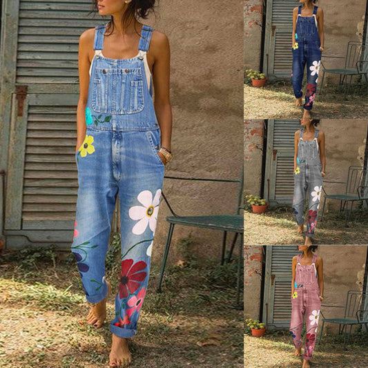 Fashion Printed Suspender Large Floral Dungarees Jeans