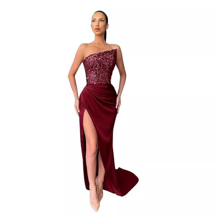 Sequined Fairy Long Sleeveless Fashion One-piece Temperament Evening Dresses