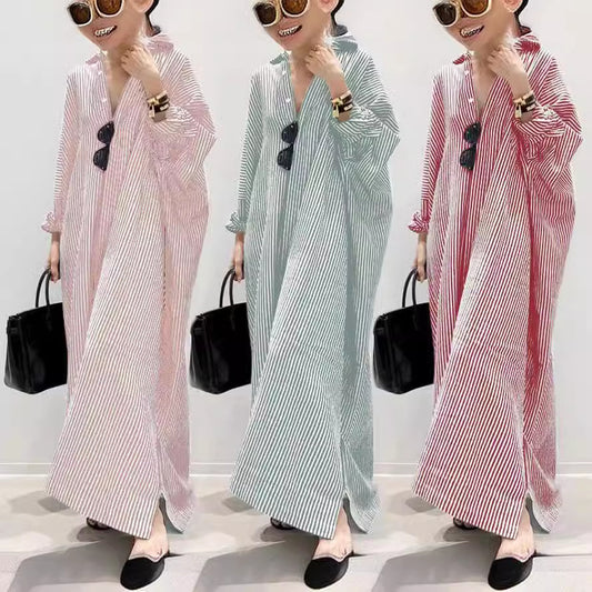 Cotton Linen Stripes Loose Temperament Commuting Dress