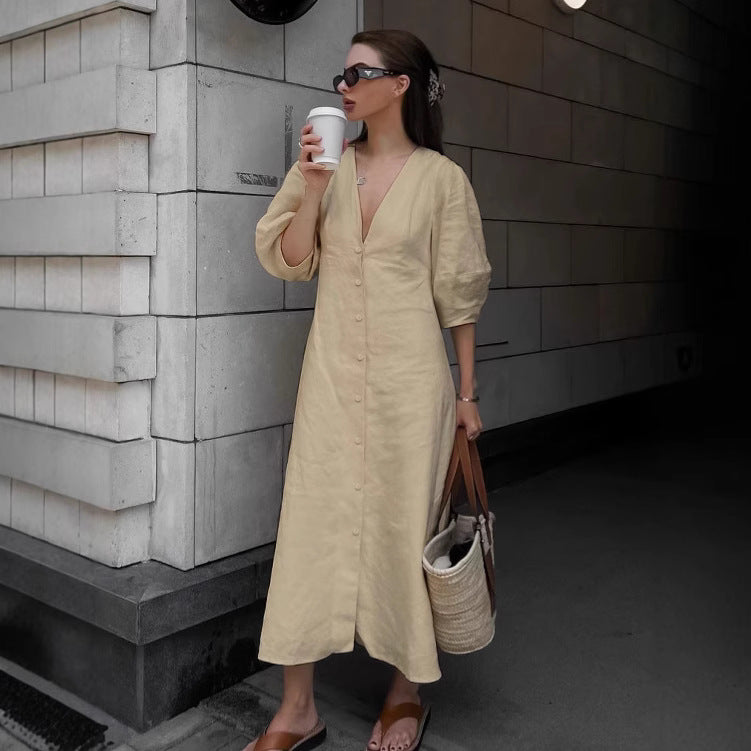 Women's Simple Casual Loose Cotton Linen Dress Autumn Puff Sleeve Dresses