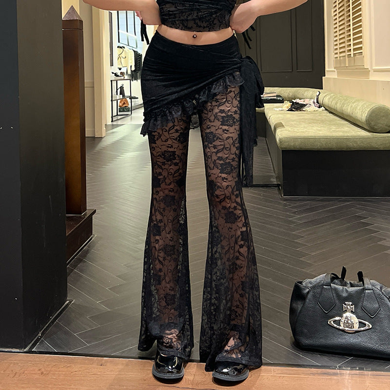 Women's Flocking Strap Tube Elegant Lace Bell-bottom Asymmetric Tops