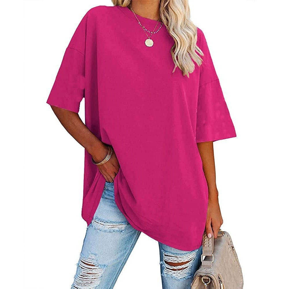 Women's Color Loose Half Sleeve Round Neck Blouses