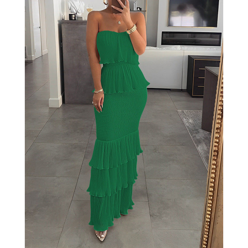 Women's Tube Smocking Pleated Ruffled Long Dress Blouses