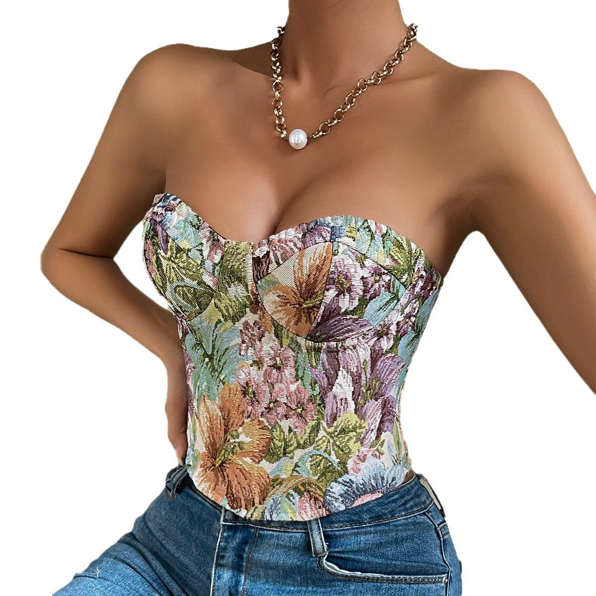 Retro Flower Niche Sling French Court Waist Girdling Band Tops