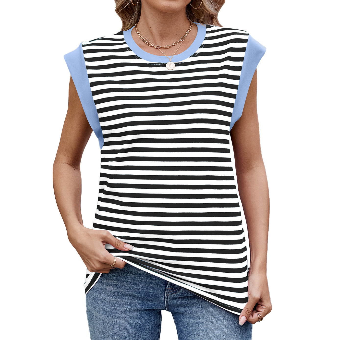 Women's Striped Contrast Color Round Neck Loose Blouses