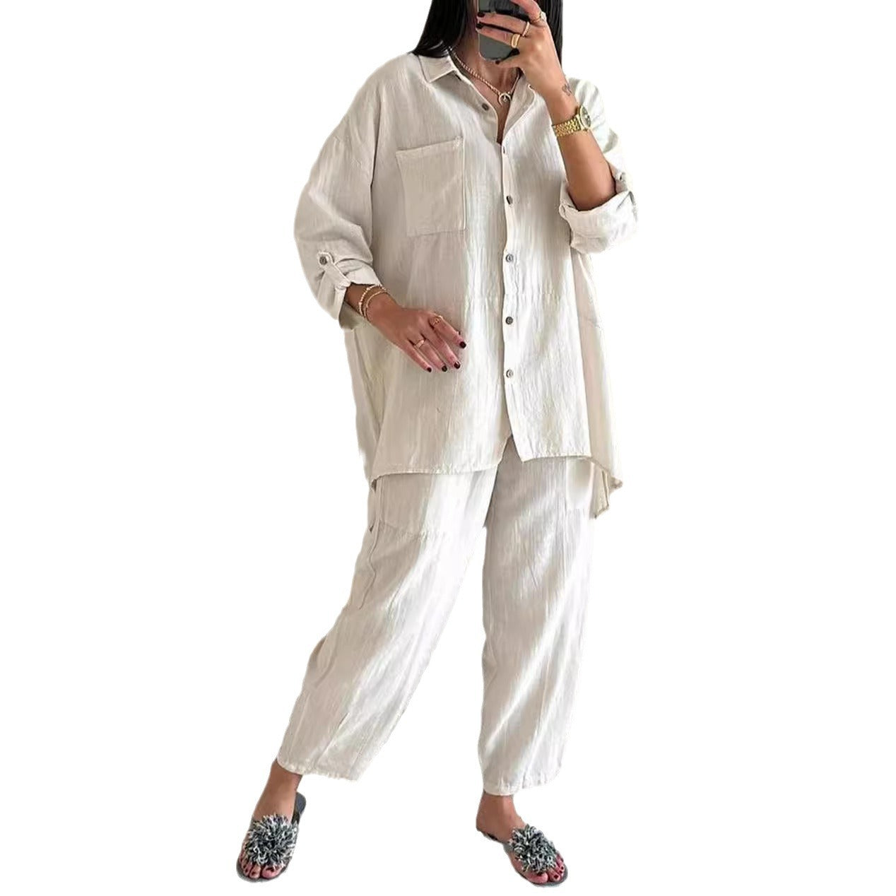 Women's Summer Set Cotton Linen Shirt Outfit Plus Size