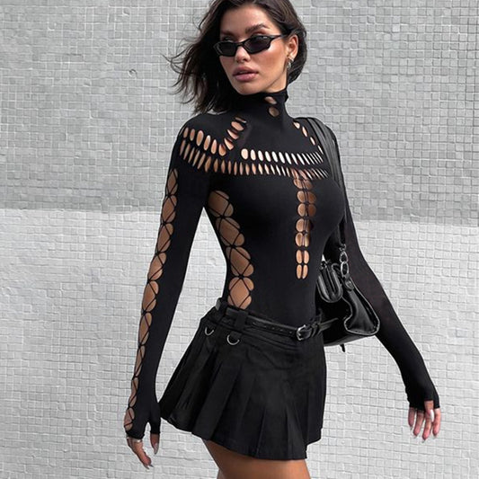 Women's Spring Hot Ripped Spider Web Turtleneck Jumpsuits