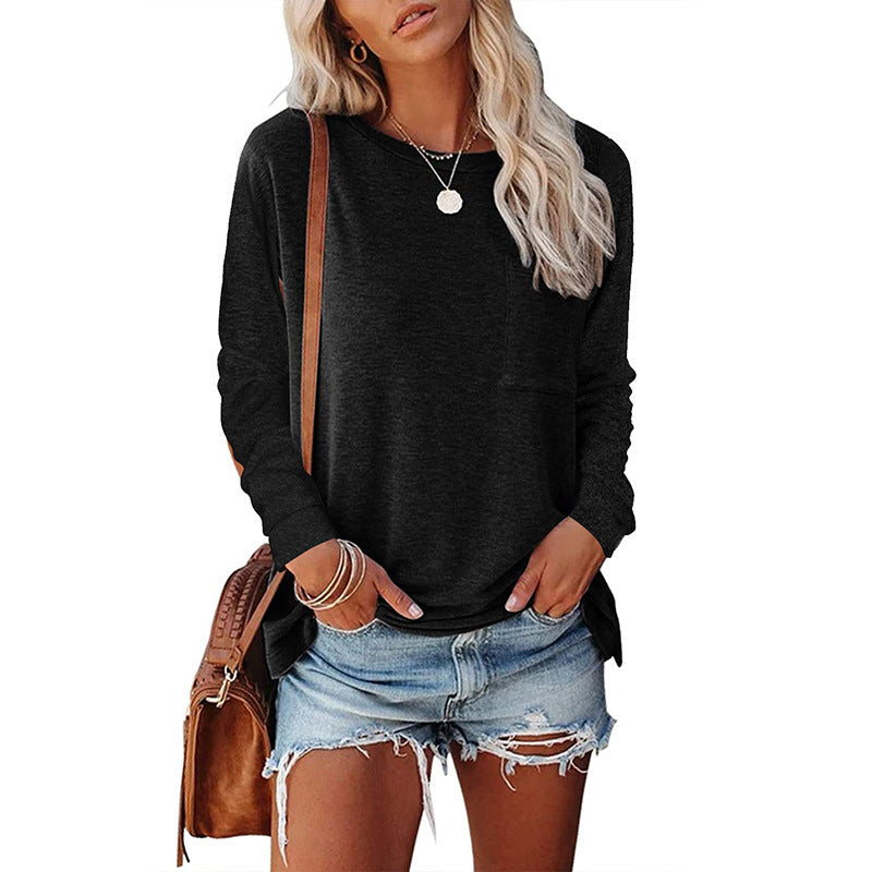 Women's Neck Pocket Split Long Sleeve Casual Tops