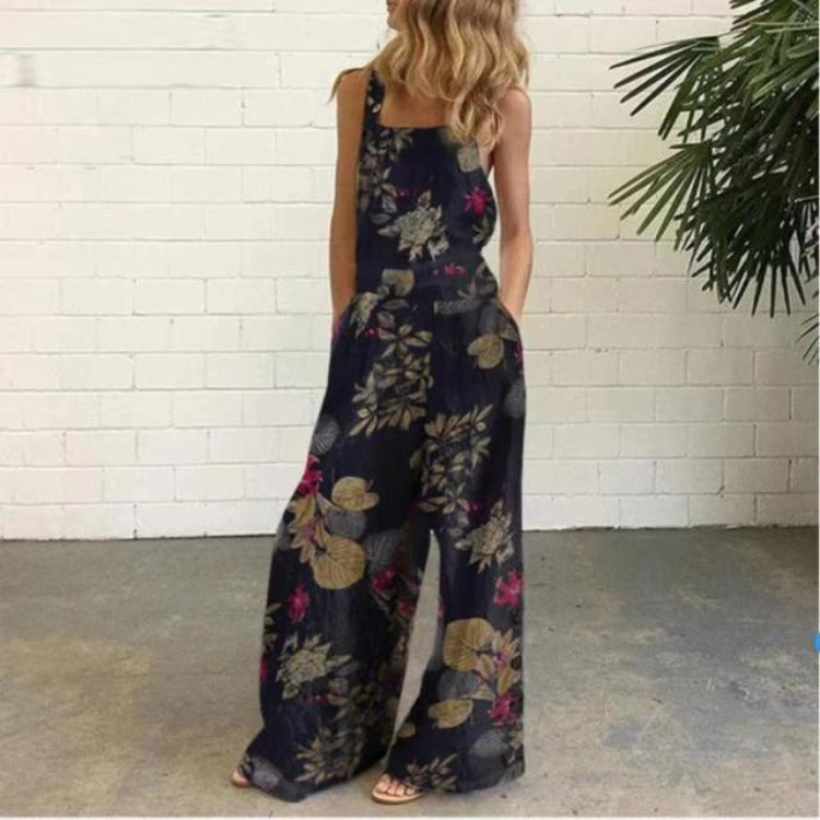 Women's Linen Printed Fastener Decoration Sleeveless Loose Jumpsuits
