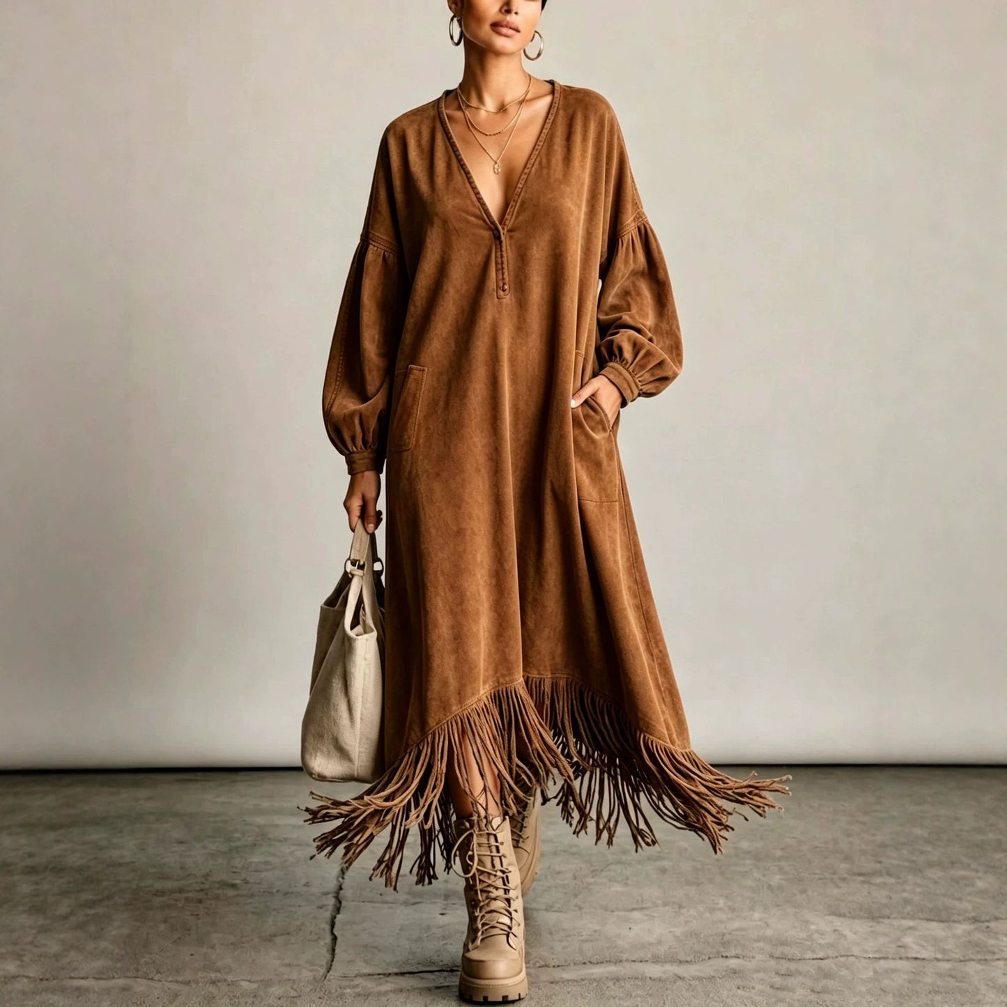 Suede Tassel Large Solid Color Elegant Outdoor Dress