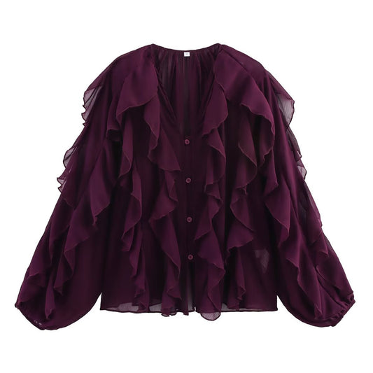 Women's Fashion Design Ruffled Laminated Decoration Shirt Blouses