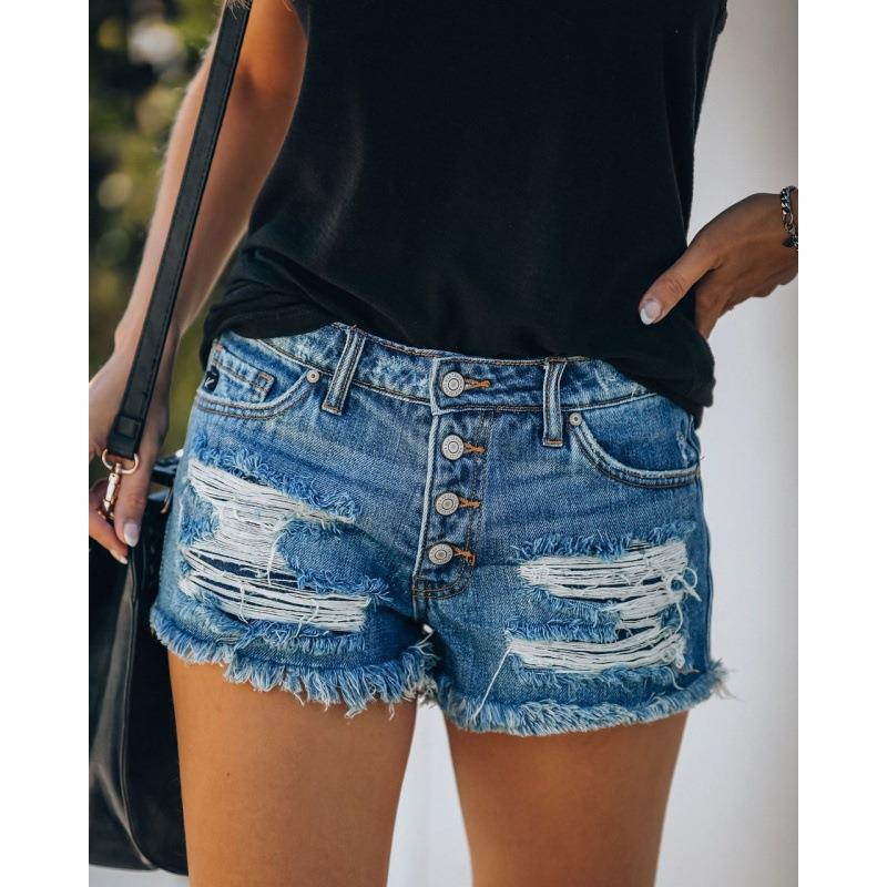 Women's Trendy Summer Ripped Tassel Breasted Denim Shorts