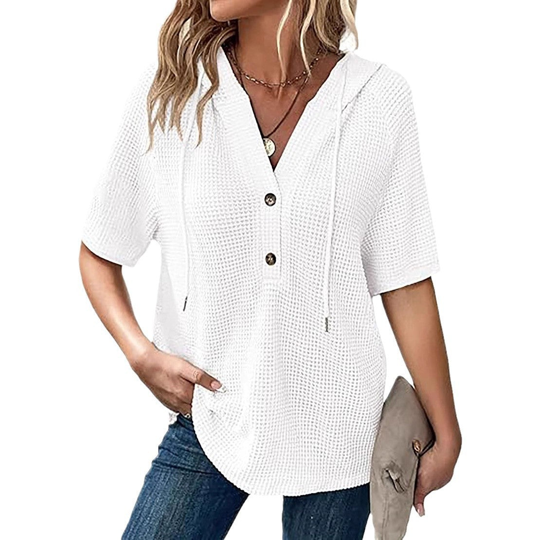 Women's Summer Waffle Knitted Short-sleeved Shirt Lightweight Drawstring Blouses