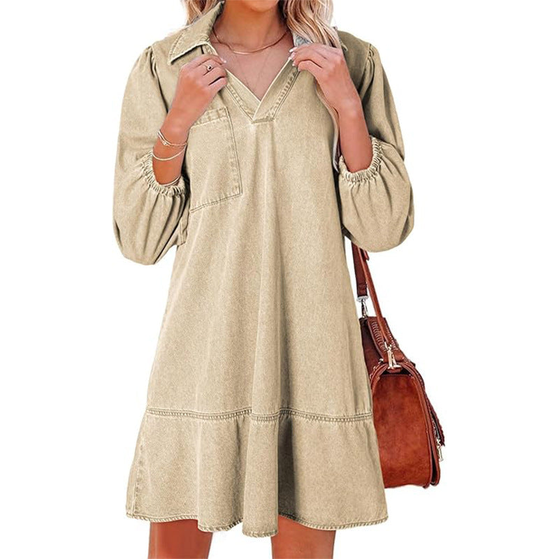 Women's Style Clothes Cropped Puff Sleeve Denim Dresses