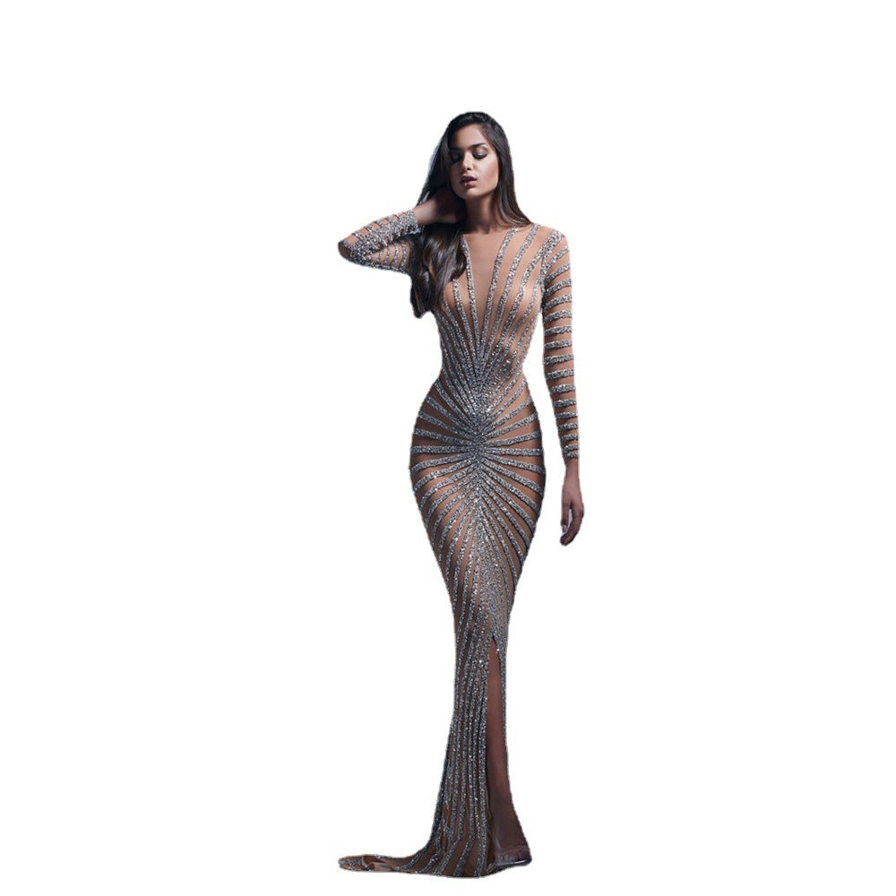 Women's Spring Fashion Rhinestone Mesh Long Sleeve Split Dress