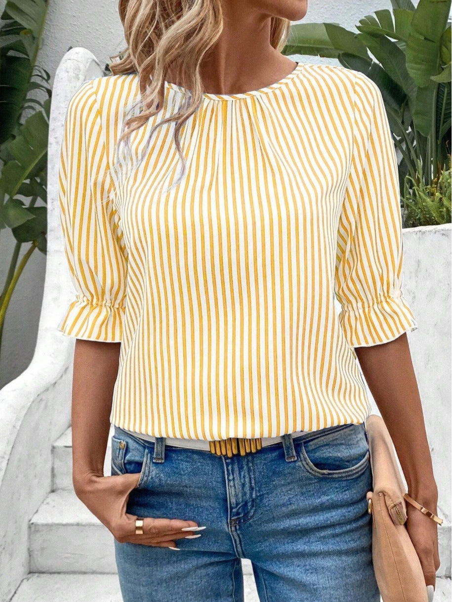 Fashion Blue Striped Button Design Shirt Blouses