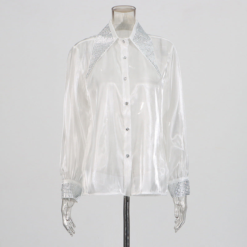 Women's Commute Style Spring Lapel Diamond Micro Transparent Blouses