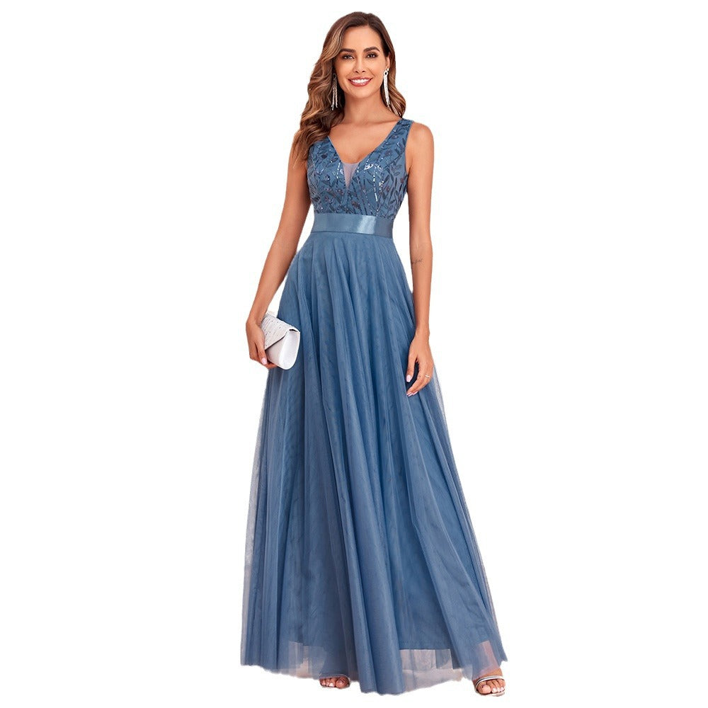Sleeveless Double Dress Tulle Embroidery Long Evening Dresses