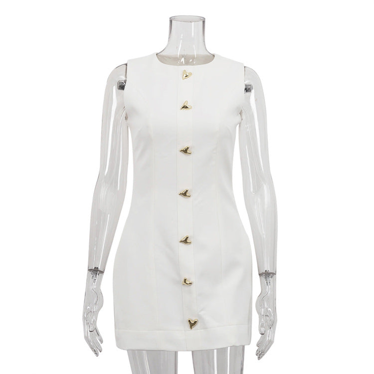 Women's White French Dress Sleeveless Round Neck Dresses