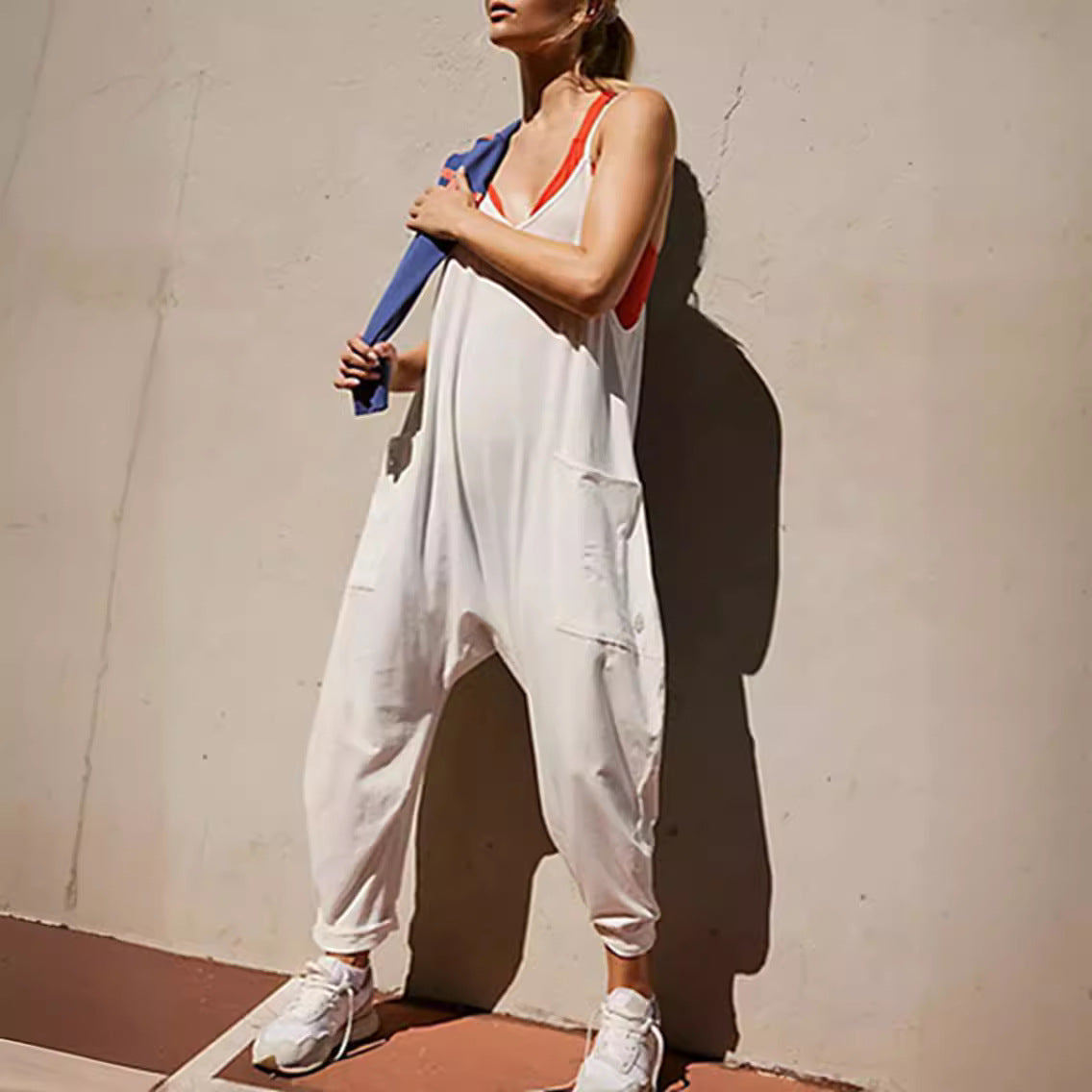 Women's Casual Pocket Spaghetti Straps Knitted One-piece Jumpsuits