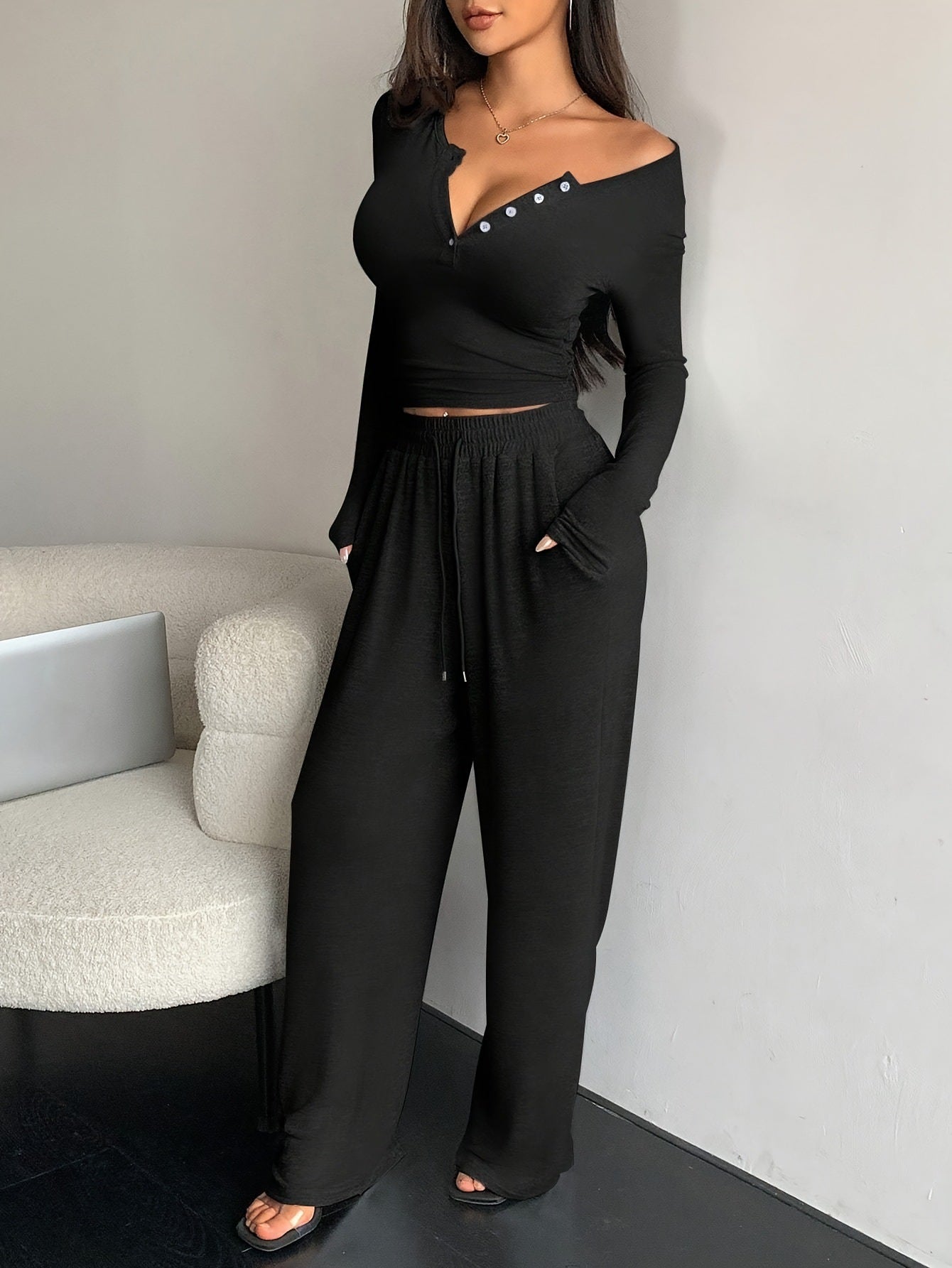 Women's Button Pure Color Tight Lengthened Trousers Suits