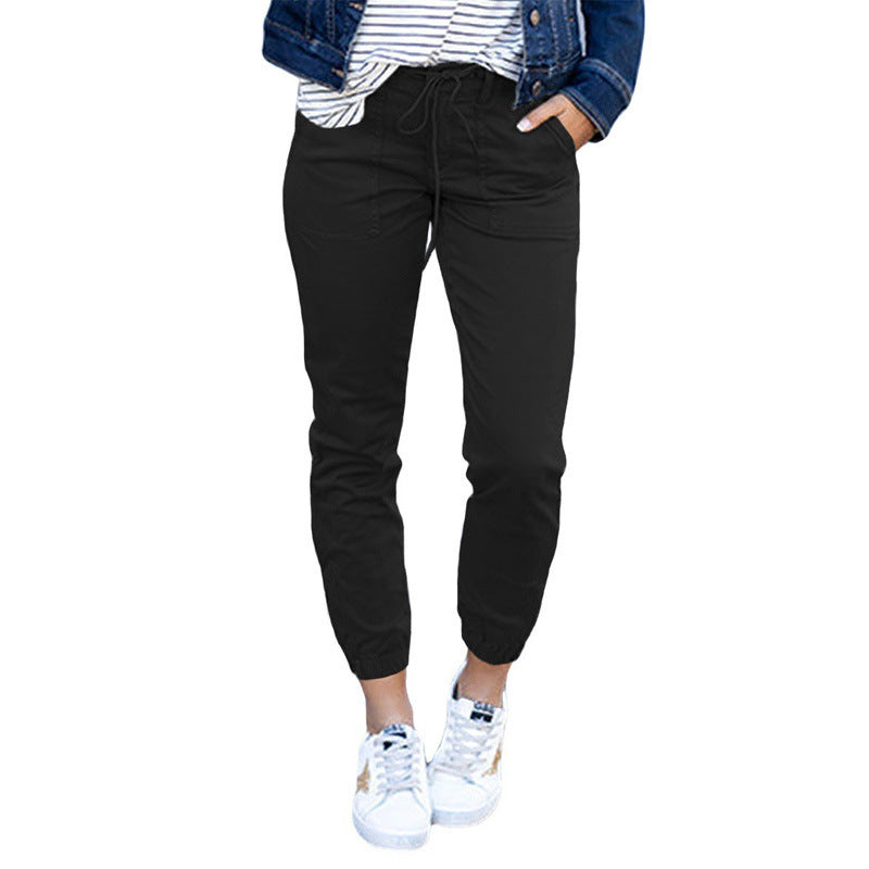 Women's Pocket Cropped Spring Pure Color Tied Pants