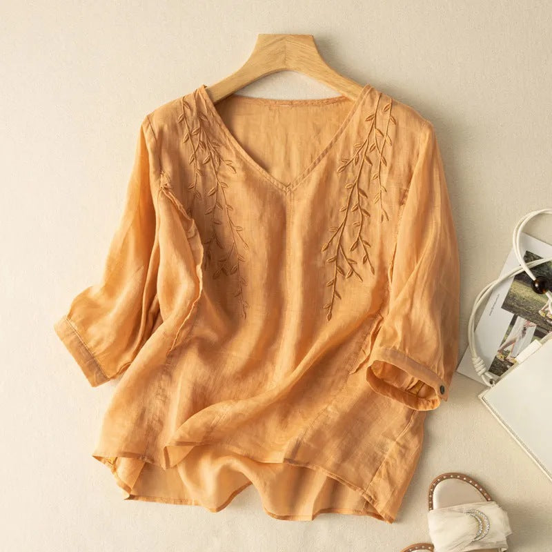 Summer Embroidered Cotton Linen Loose Temperament Artistic Retro Cropped Tops