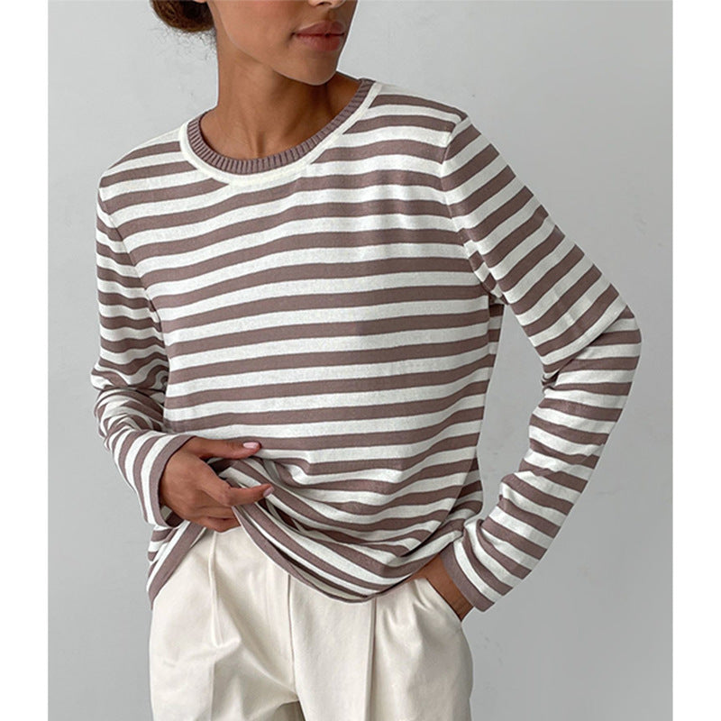 Women's Round Neck Knitted Striped Versatile Classic Retro Pullover Women's Sweater