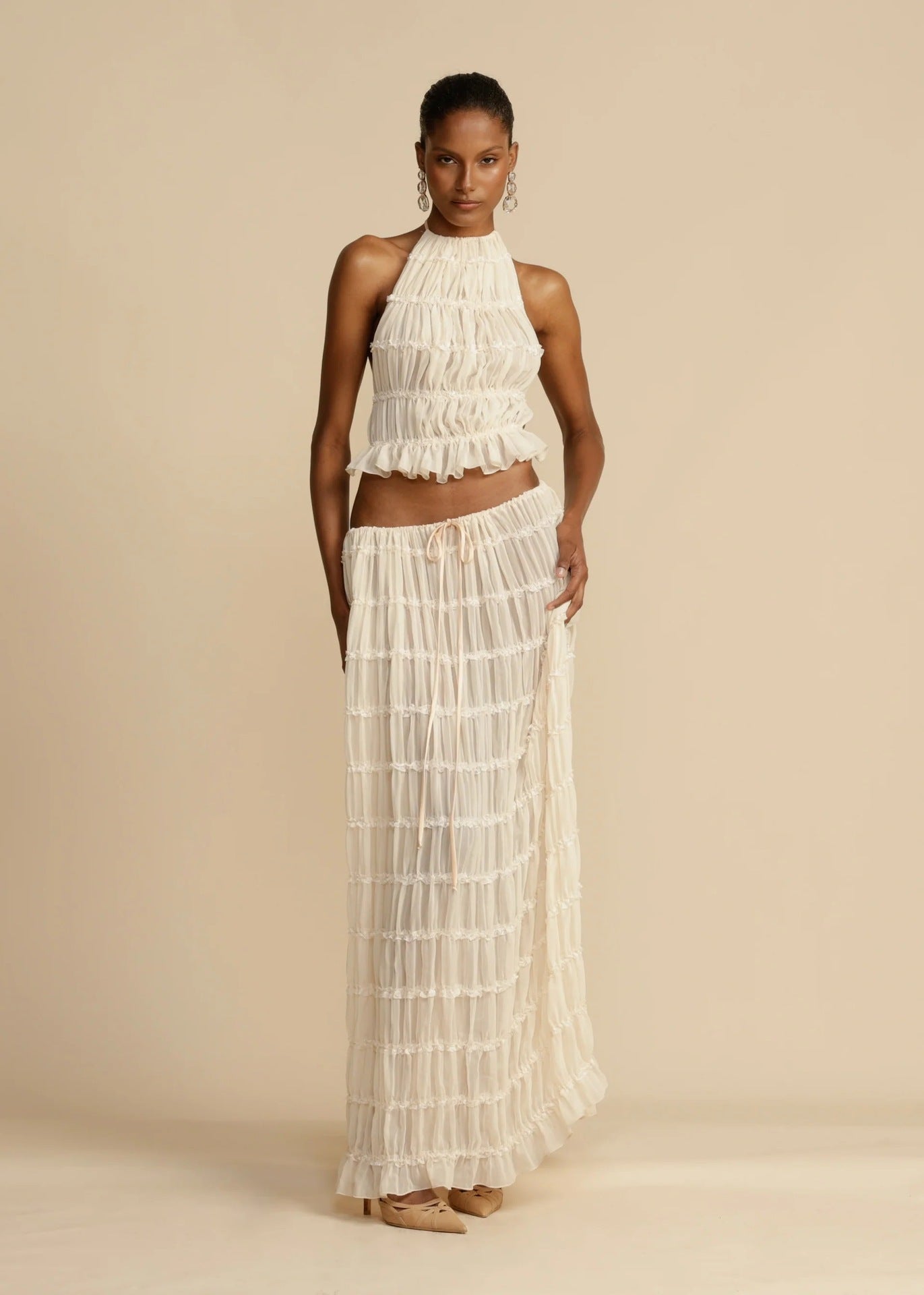 Summer Backless Halter Strap Drawstring Chiffon Dresses