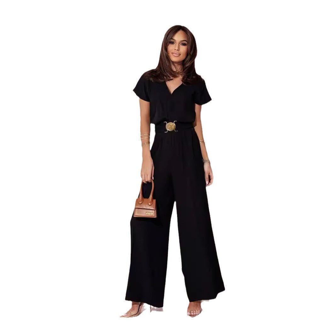 Women's Solid Color Waist Trimming Short-sleeved Casual Jumpsuits
