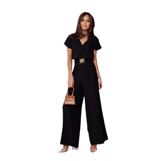 Women's Solid Color Waist Trimming Short-sleeved Casual Jumpsuits