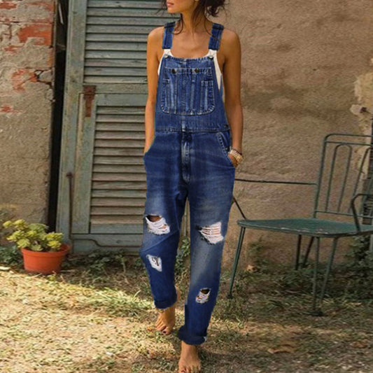 Women's Autumn Washed Cut Simple Straight Suspender Jeans
