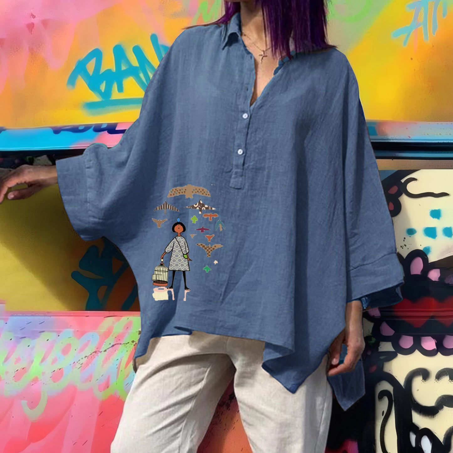 Women's Batwing Loose Cotton Linen Casual Blouses